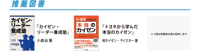 推薦図書
          「カイゼン・リーダー養成塾」小森治 著
          「トヨタから学んだ本当のカイゼン」　㈱カイゼン・マイスター 著
          ※上記２冊は受講者全員に配布します。