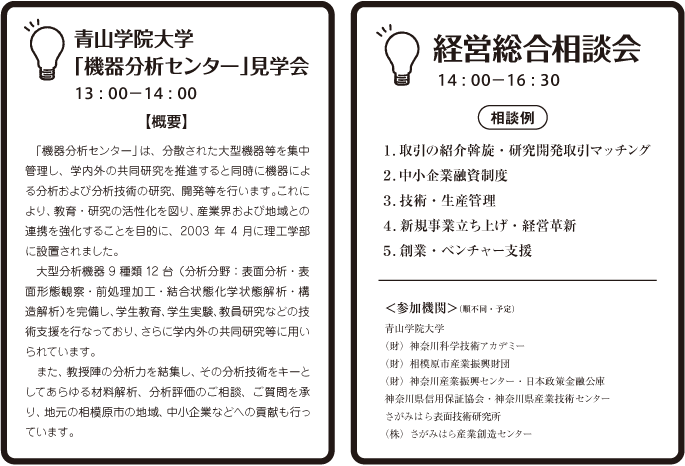 青山学院大学「機器分析センター」見学会13 : 00－14 : 00【概要】　「機器分析センター」は、分散された大型機器等を集中管理し、学内外の共同研究を推進すると同時に機器による分析および分析技術の研究、開発等を行います。これにより、教育・研究の活性化を図り、産業界および地域との連携を強化することを目的に、2003年4月に理工学部に設置されました。 　大型分析機器9種類12台（分析分野：表面分析・表面形態観察・前処理加工・結合状態化学状態解析・構造解析）を完備し、学生教育、学生実験、教員研究などの技術支援を行なっており、さらに学内外の共同研究等に用いられています。 　また、教授陣の分析力を結集し、その分析技術をキーとしてあらゆる材料解析、分析評価のご相談、ご質問を承り、地元の相模原市の地域、中小企業などへの貢献も行っています。   経営総合相談会14 : 00－16 : 30相談例１.取引の紹介斡旋・研究開発取引マッチング ２.中小企業融資制度３.技術・生産管理４.新規事業立ち上げ・経営革新５.創業・ベンチャー支援 ＜参加機関＞（順不同・予定）青山学院大学 （財）神奈川科学技術アカデミー （財）相模原市産業振興財団 （財）神奈川産業振興センター・日本政策金融公庫 神奈川県信用保証協会・神奈川県産業技術センター さがみはら表面技術研究所 （株）さがみはら産業創造センター 