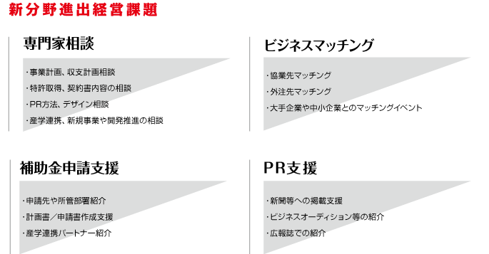 新分野進出経営課題｜専門家相談　事業計画、収支計画相談／特許取得、契約書内容の相談／PR方法、デザイン相談・産学連携、新規事業や開発推進の相談｜ビジネスマッチング　協業先マッチング／外注先マッチング／大手企業や中小企業とのマッチングイベント｜補助金申請支援　申請先や所管部署紹介／計画書・申請書作成支援／産学連携パートナー紹介｜PR支援　新聞等への掲載支援／ビジネスオーディション等の紹介／広報誌での紹介